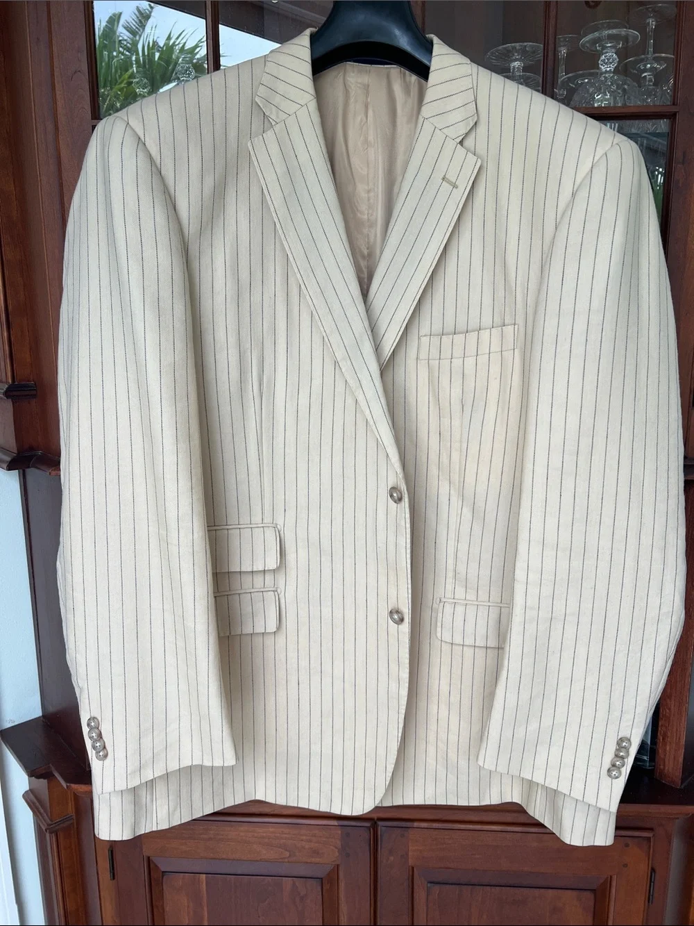 Wool & Linen Beige Woven Italian Fabric, Pinstripe Sport Coat